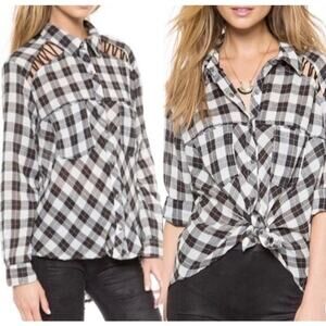 Free People Top Women's Size Small Snap Front Monochrome Plaid Lace Up Shoulder